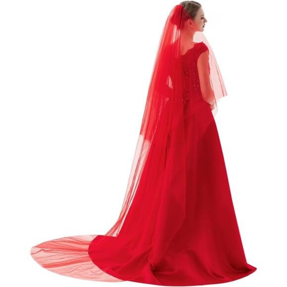Lace Veil Cathedral Tulle With Comb Red1